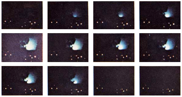 A luminous discharge outside a tornado captured on video (at 9 frames/sec) in Huntsville, AL, 1974-04-03, courtesy Otha H. Vaughan.