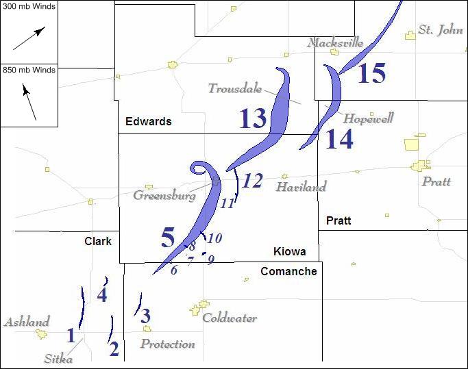 The first 15 damage paths in south-central Kansas, 2007-05-04, courtesy Leslie Lemon.