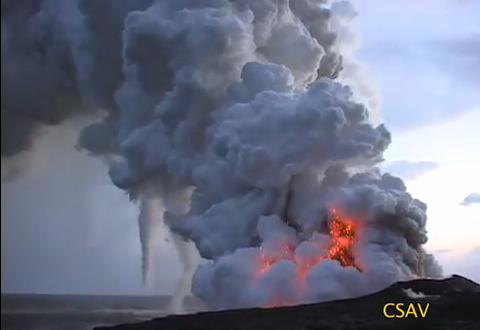 Volcano with two waterspouts nearby at Kilauea, HI, July 2008, courtesy Center for the Study of Volcanoes.